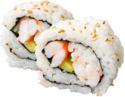 Crab and avocado sushi rolls coated in rice and sesame seeds