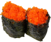 Nori-wrapped gunkan topped with orange fish roe