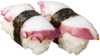 Octopus nigiri secured with strips of nori