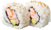 Prawn and avocado sushi rolls coated in rice and sesame seeds
